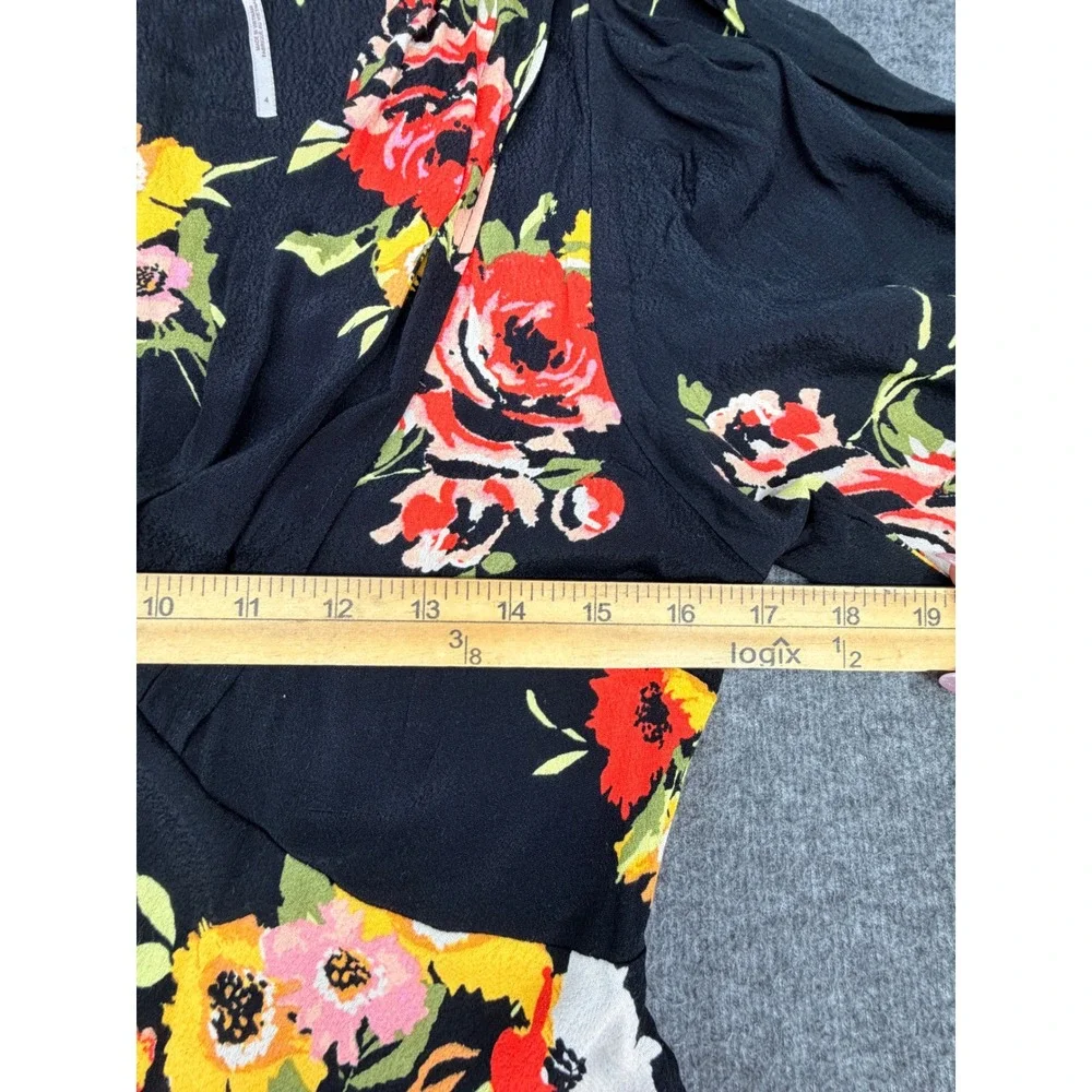 Free People Floral Mini Dress Black V-Neck Puff Sleeve Viscose‎ Size 4 OB998041